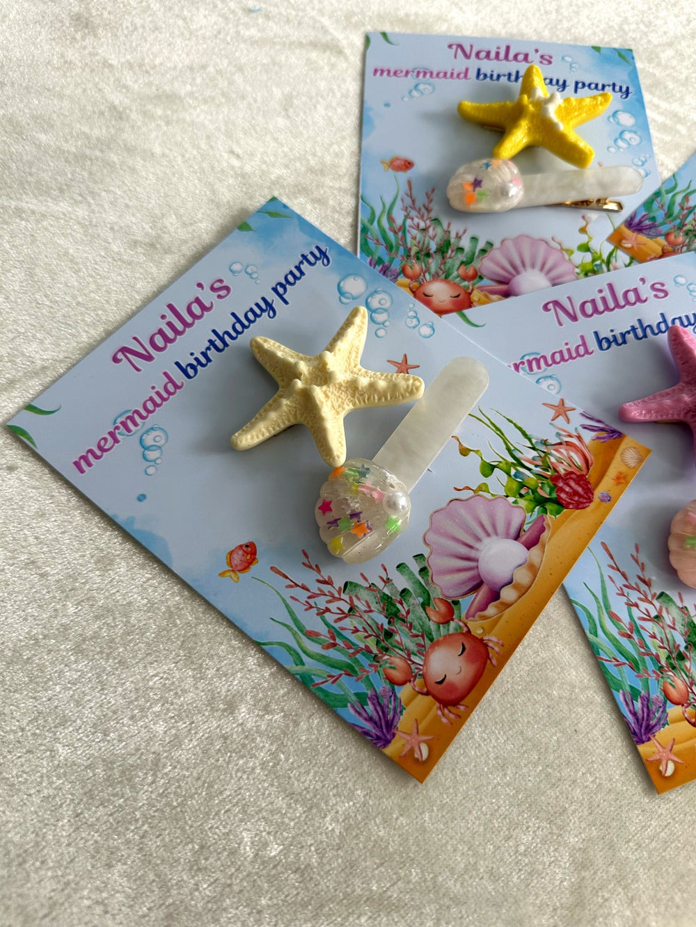 Mermaid Birthday Party Favor Cards with Starfish Hair Clips — Chocodad Baku