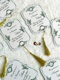 Green Floral Frame Wedding Favor Cards with Gold Tassel — Chocodad Baku