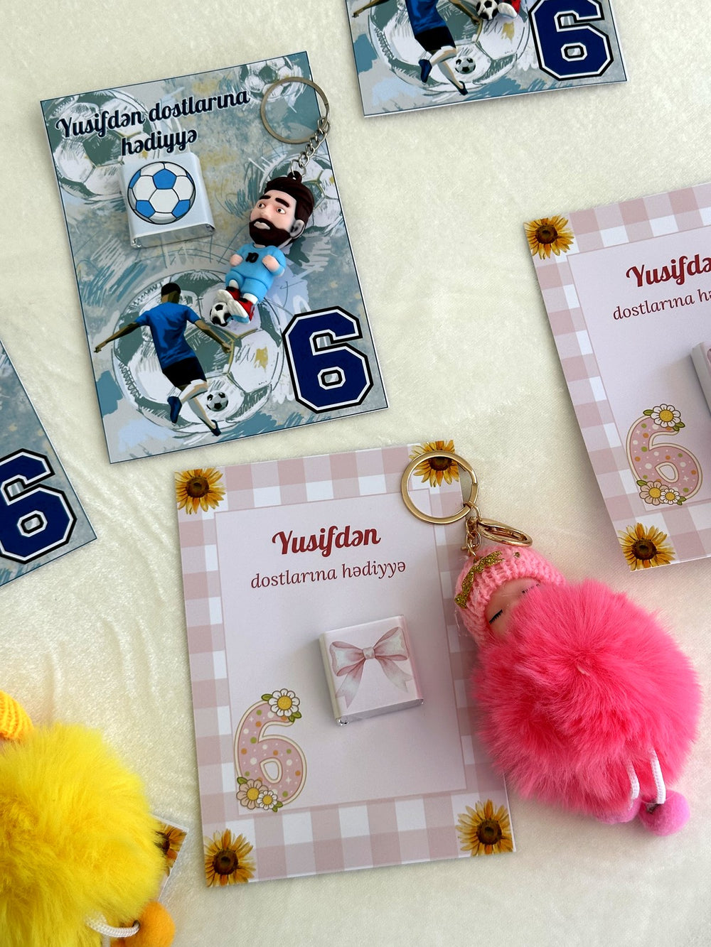 Football and Sunflower Birthday Favor Cards with Keychain & Chocolate — Chocodad Baku