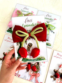 Girl on a Swing 1st Birthday Favor Cards with Red Bow & Tulip Hair Clip — Chocodad Baku