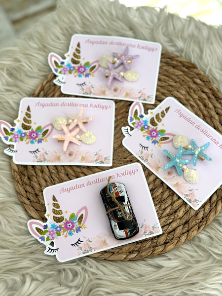 Unicorn Birthday Cards with Starfish Hair Clip and Toy Car — Chocoodad Baku
