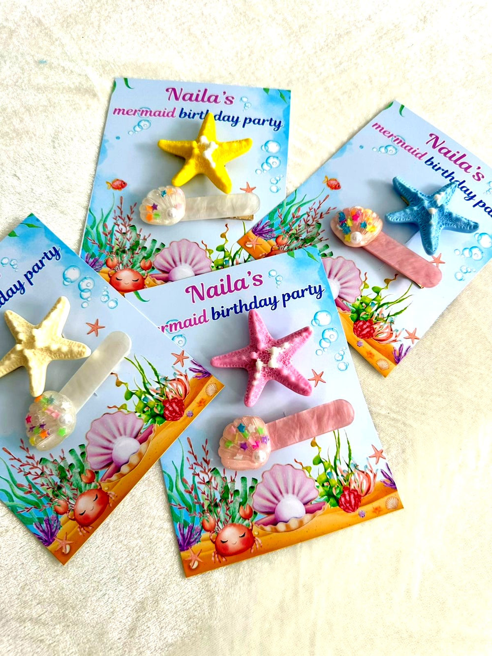 Mermaid Birthday Party Favor Cards with Starfish Hair Clips — Chocodad Baku