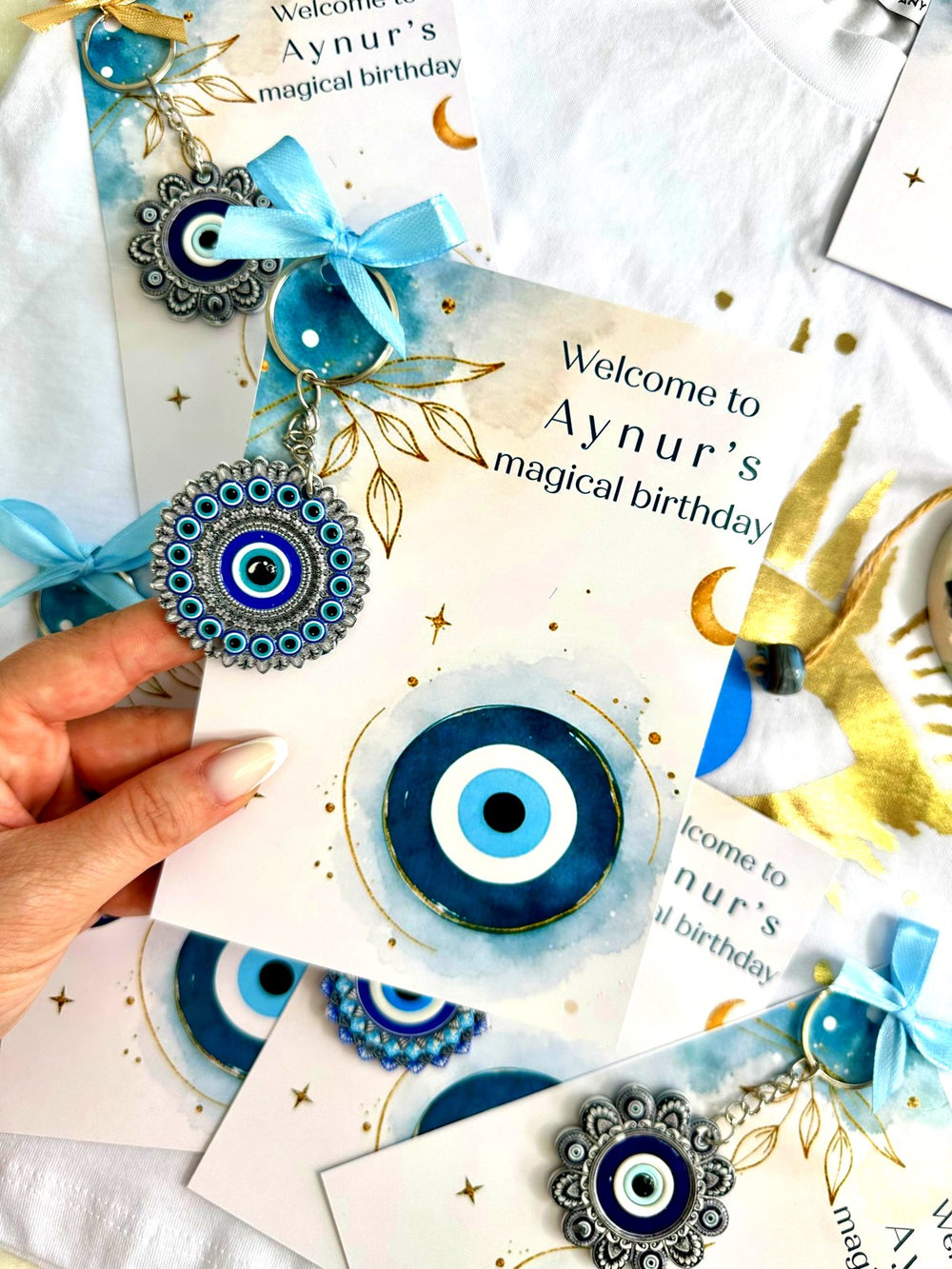 Evil Eye Magical Birthday Favor Cards with Evil Eye Keychain — Chocodad Baku