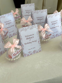 Lilac Floral 1st Birthday Tent Cards with Name Dragee Dome — Chocodad Baku