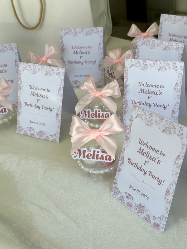 Lilac Floral 1st Birthday Tent Cards with Name Dragee Dome — Chocodad Baku