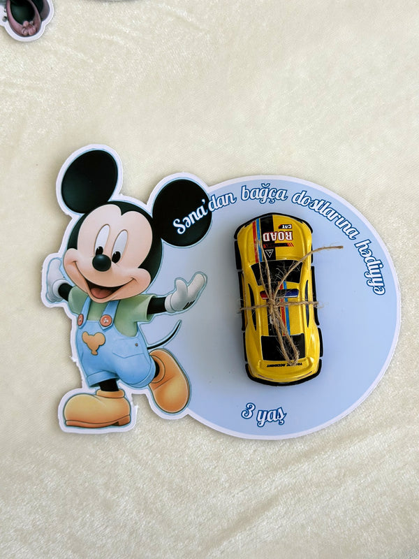 Mickey and Minnie Kindergarten Favor Cards with Toy Car and Flower Clip — Chocodad Baku