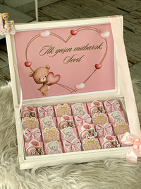 Pink Teddy First Birthday Chocolate Box with 24 Mini Chocolates — Chocodad Baku