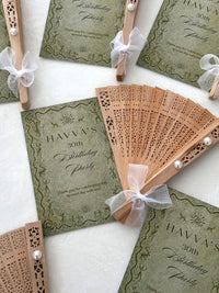 Vintage Olive Birthday Party Cards with Wooden Hand Fan — Chocodad Baku