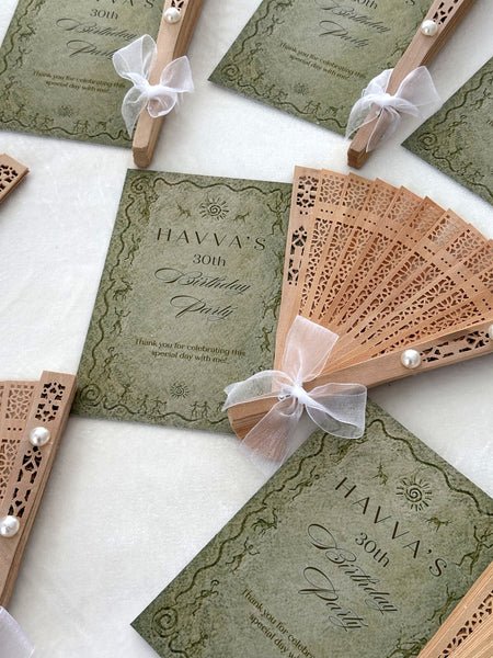 Vintage Olive Birthday Party Cards with Wooden Hand Fan — Chocoodad Baku