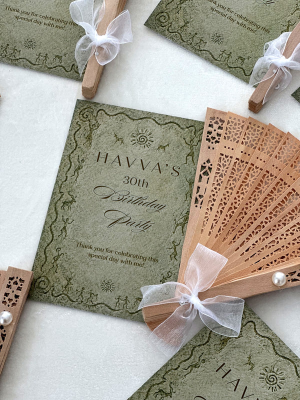 Vintage Olive Birthday Party Cards with Wooden Hand Fan — Chocodad Baku