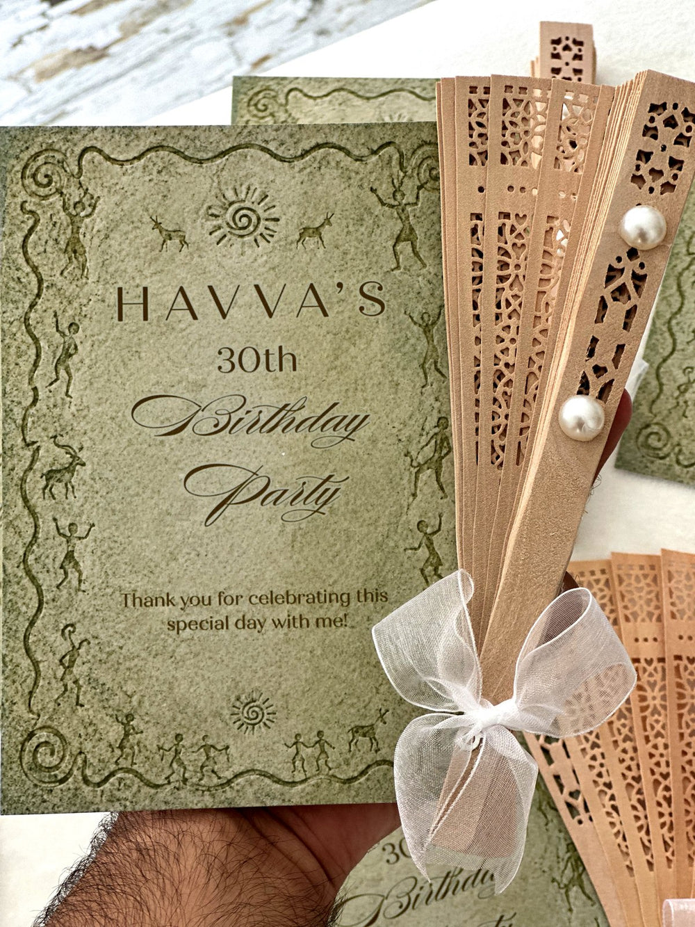 Vintage Olive Birthday Party Cards with Wooden Hand Fan — Chocodad Baku