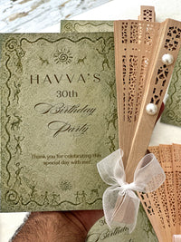Vintage Olive Birthday Party Cards with Wooden Hand Fan — Chocodad Baku