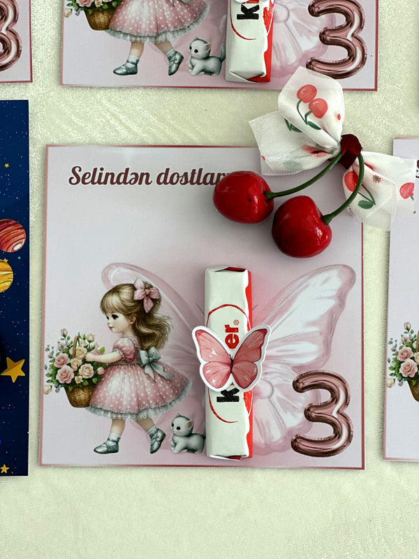 Fairy Girl and Space Boy Birthday Favor Cards with Kinder Chocolate — Chocodad Baku