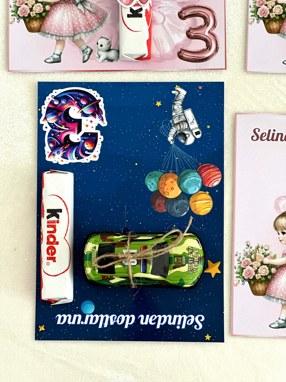 Fairy Girl and Space Boy Birthday Favor Cards with Kinder Chocolate — Chocodad Baku