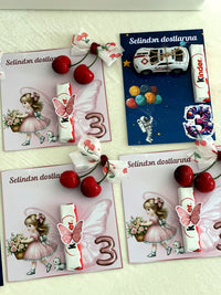 Fairy Girl and Space Boy Birthday Favor Cards with Kinder Chocolate — Chocodad Baku