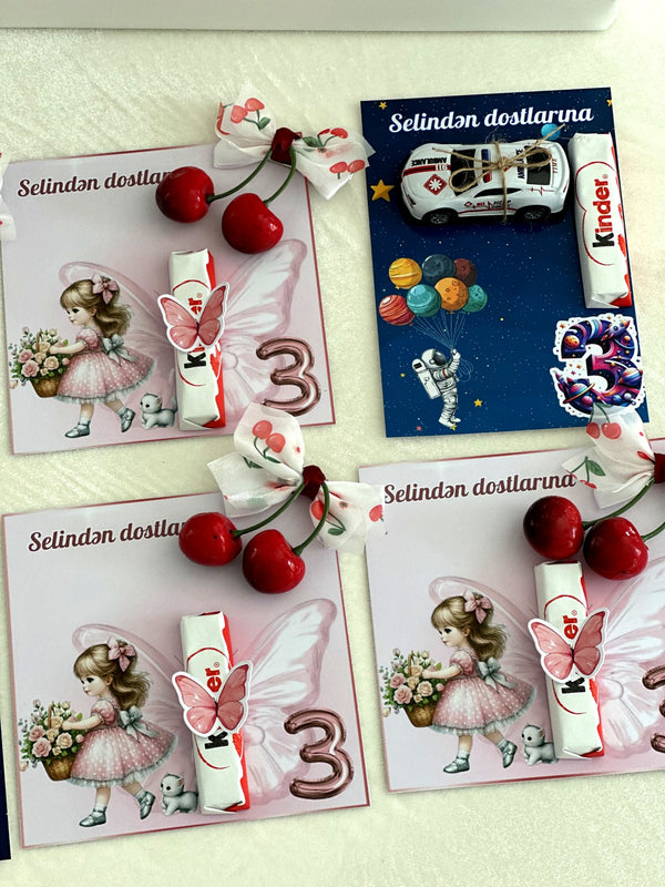 Fairy Girl and Space Boy Birthday Favor Cards with Kinder Chocolate — Chocodad Baku
