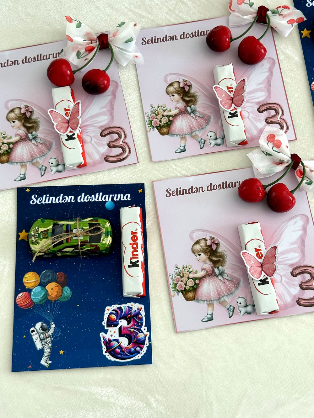 Fairy Girl and Space Boy Birthday Favor Cards with Kinder Chocolate — Chocodad Baku