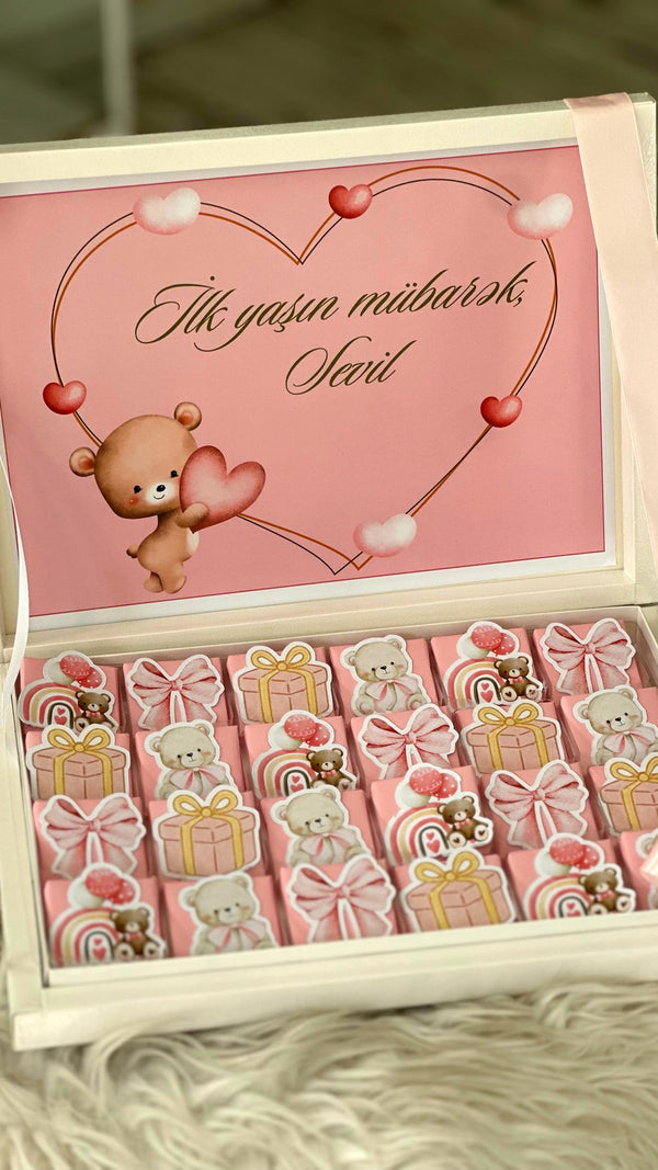 Pink Teddy First Birthday Chocolate Box with 24 Mini Chocolates — Chocodad Baku