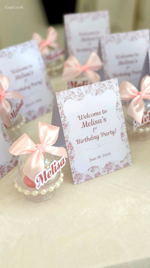 Lilac Floral 1st Birthday Tent Cards with Name Dragee Dome — Chocodad Baku