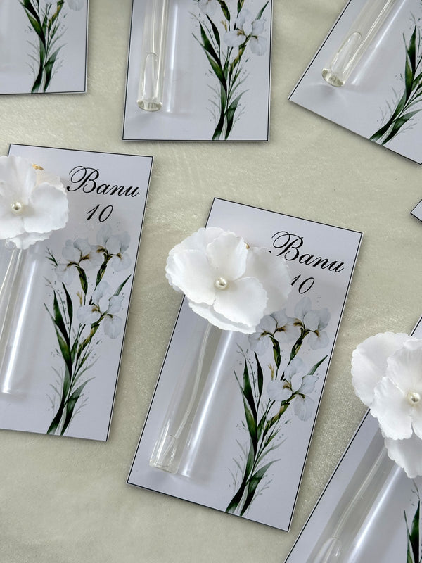White Flower Glass Afroditia Parfume Favor Cards — Chocodad Baku