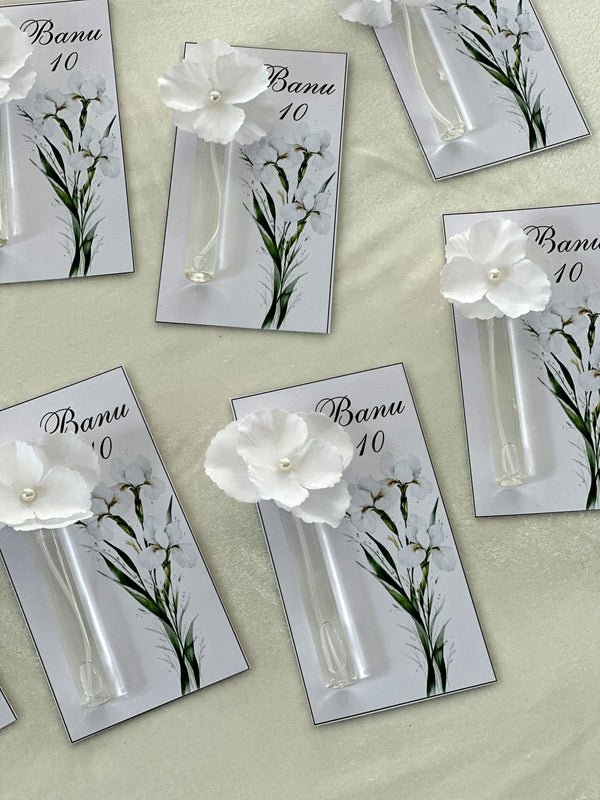 White Flower Glass Afroditia Parfume Favor Cards — Chocodad Baku