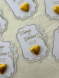 Gold Line Floral Wedding & Yes Day Favor Cards with Gold Heart Chocolate — Chocodad Baku