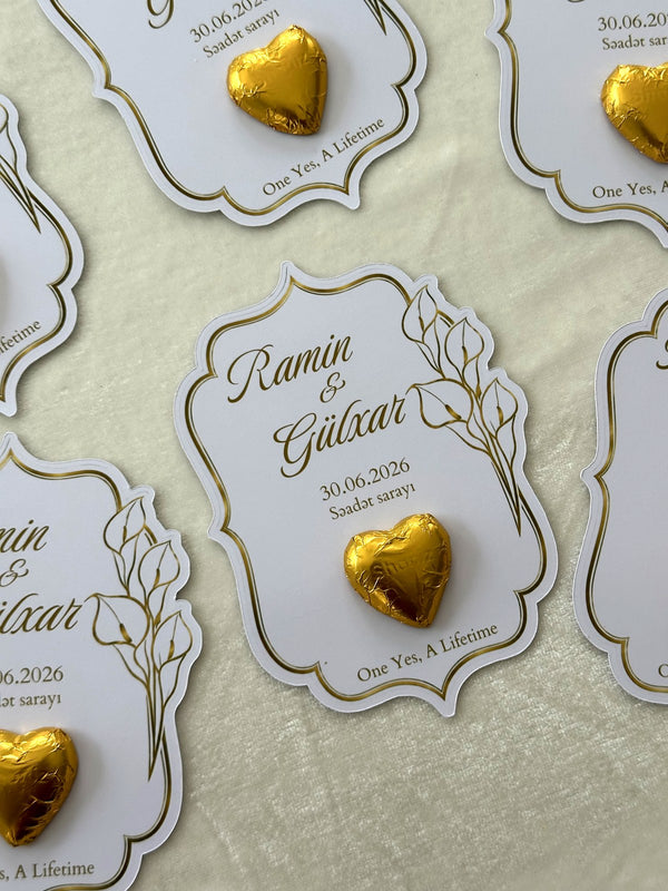 Gold Line Floral Wedding & Yes Day Favor Cards with Gold Heart Chocolate — Chocodad Baku