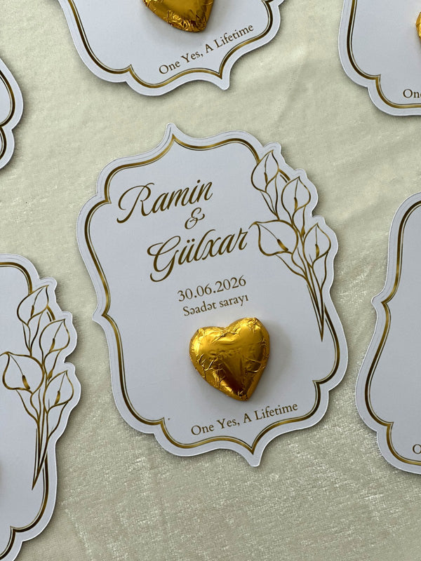 Gold Line Floral Wedding & Yes Day Favor Cards with Gold Heart Chocolate — Chocodad Baku