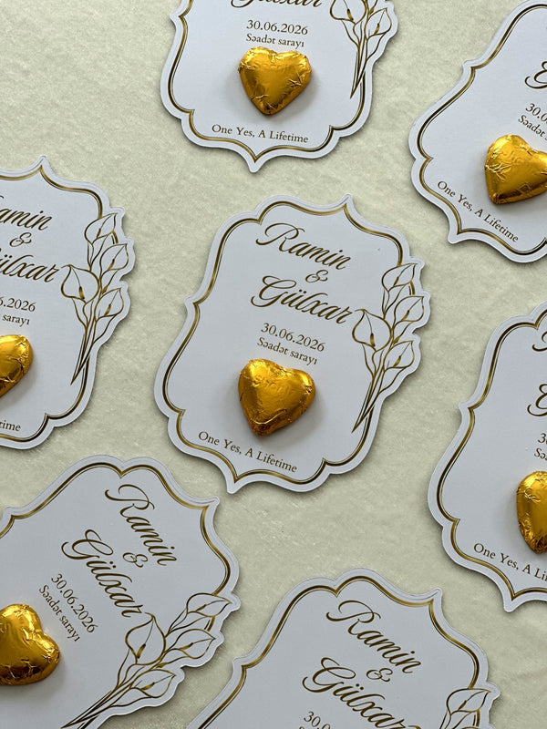 Gold Line Floral Wedding & Yes Day Favor Cards with Gold Heart Chocolate — Chocodad Baku