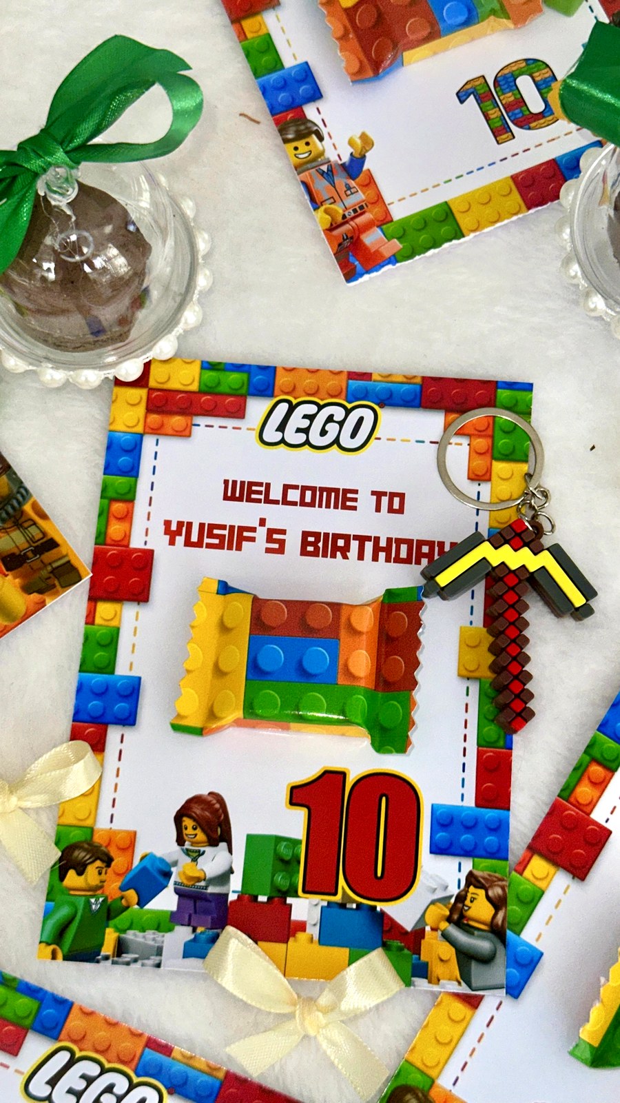 LEGO Birthday Favor Cards with Minifigure Keychain — Chocodad Baku