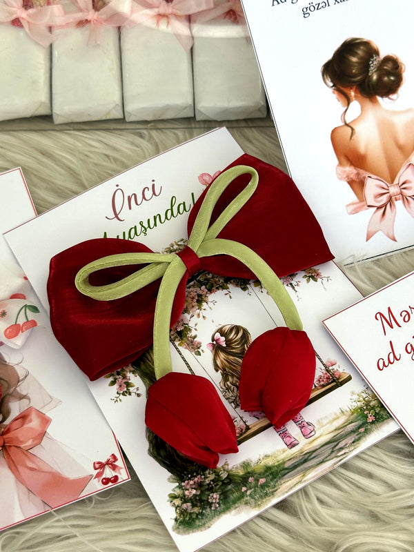 Girl on a Swing 1st Birthday Favor Cards with Red Bow & Tulip Hair Clip — Chocodad Baku