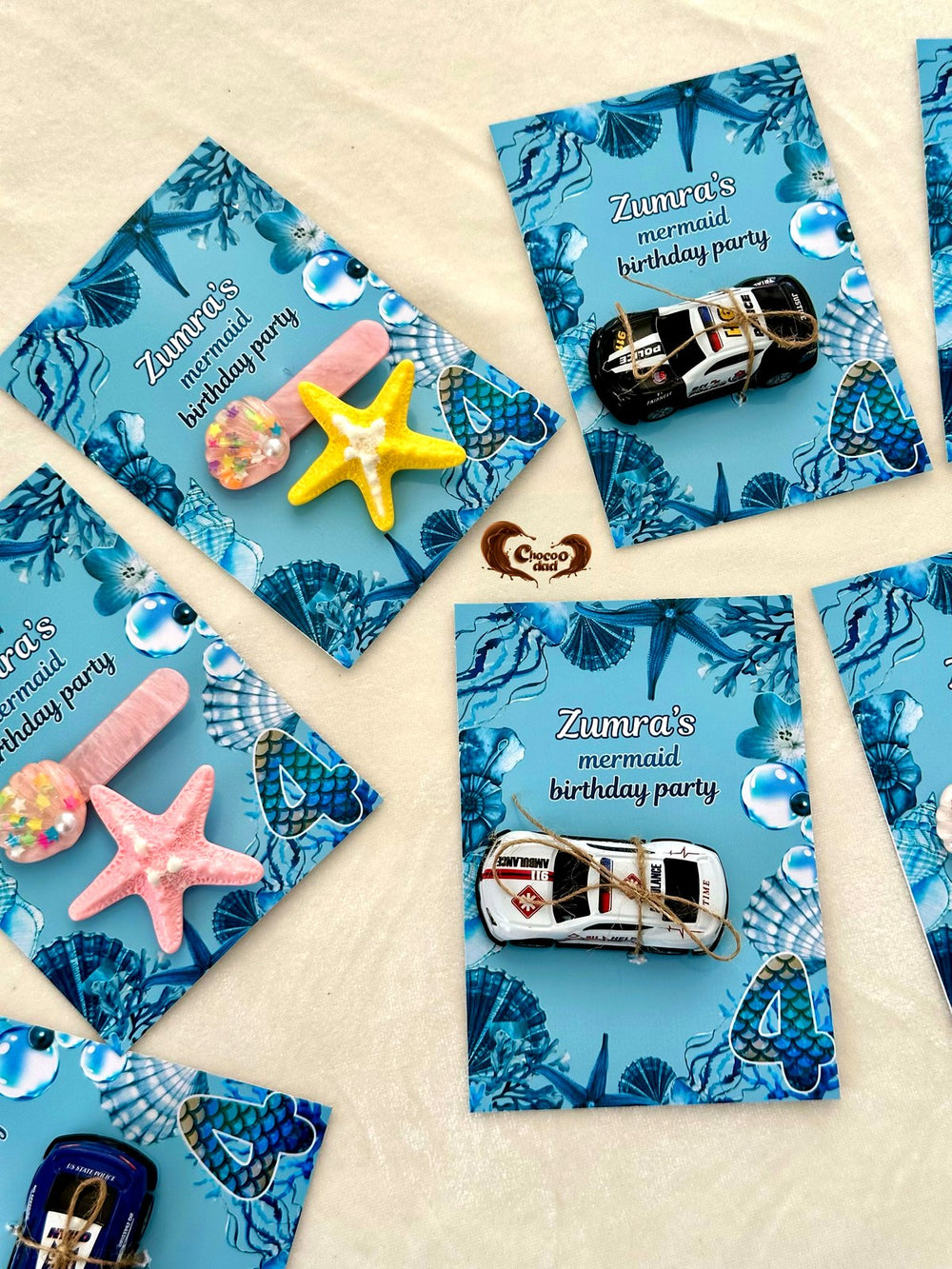 Ocean Mermaid Birthday Favor Cards with Starfish Hair Clip or Toy Car — Chocodad Baku