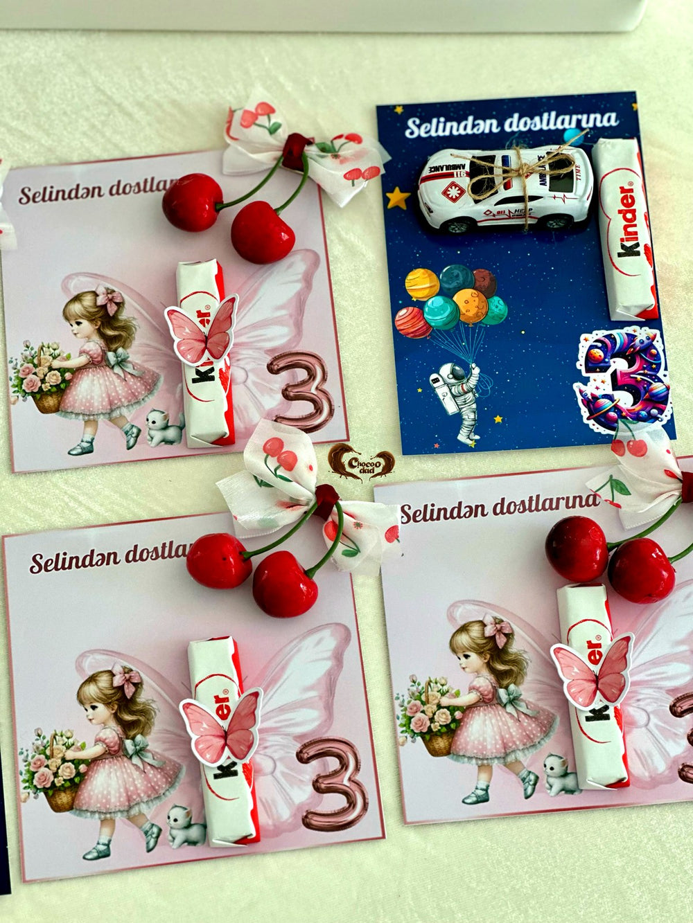 Fairy Girl and Space Boy Birthday Favor Cards with Kinder Chocolate — Chocodad Baku
