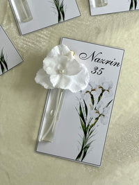 White Flower Glass Afroditia Parfume Favor Cards — Chocodad Baku
