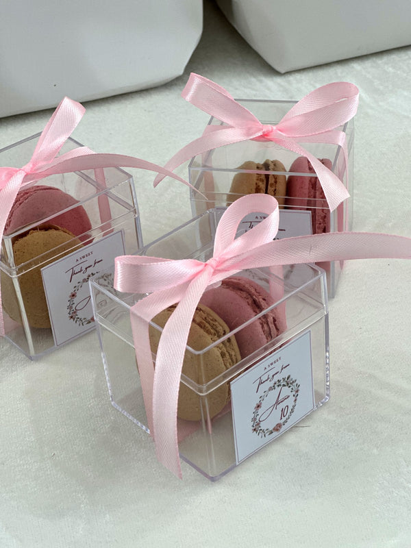 Macaron Acrylic Cube Favor Boxes with Pink Ribbon & Thank You Label — Chocodad Baku