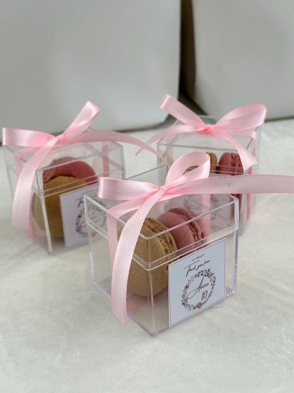 Macaron Acrylic Cube Favor Boxes with Pink Ribbon & Thank You Label — Chocodad Baku