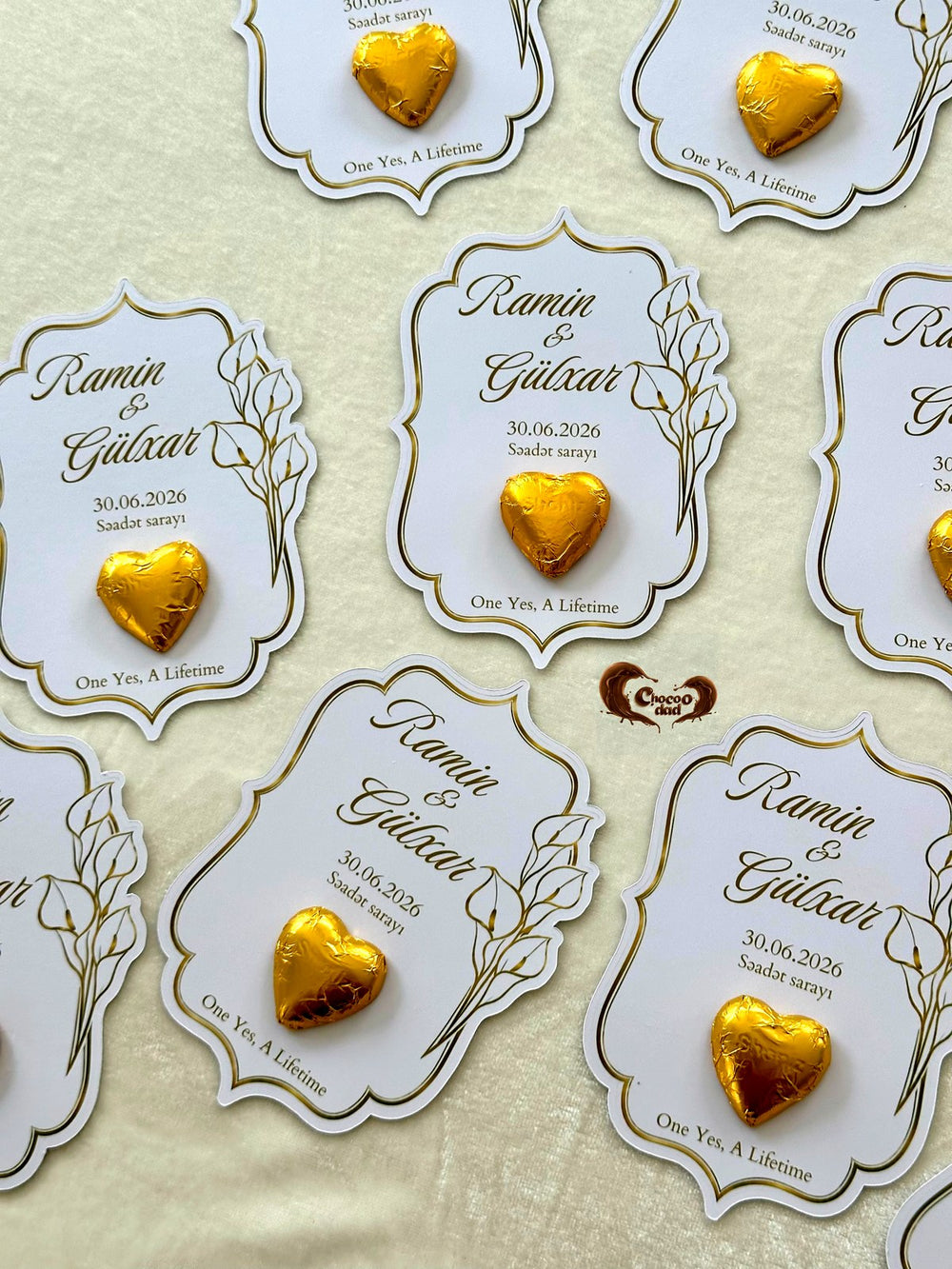 Gold Line Floral Wedding & Yes Day Favor Cards with Gold Heart Chocolate — Chocodad Baku