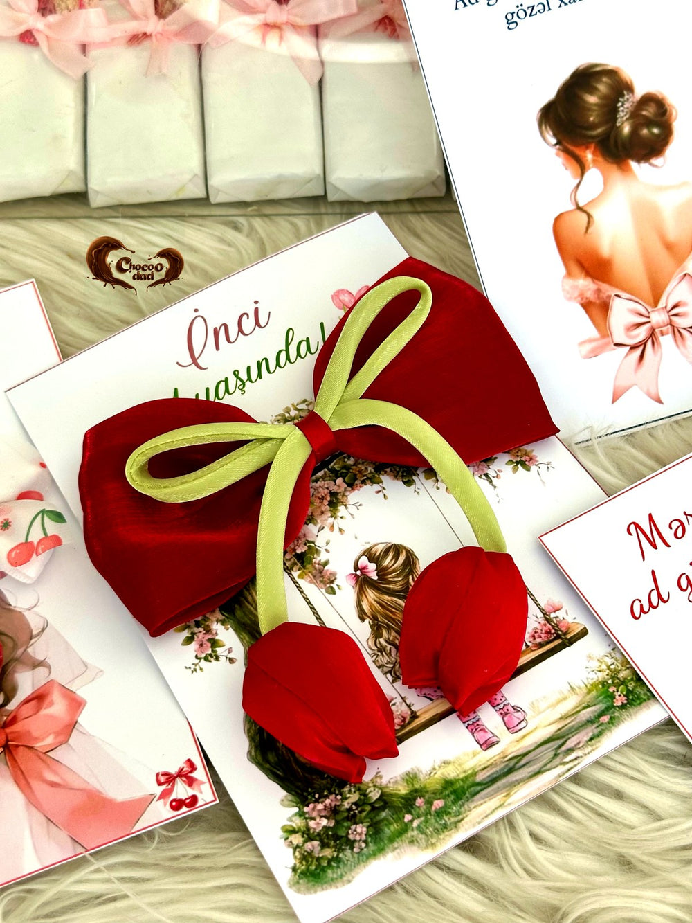 Girl on a Swing 1st Birthday Favor Cards with Red Bow & Tulip Hair Clip — Chocodad Baku