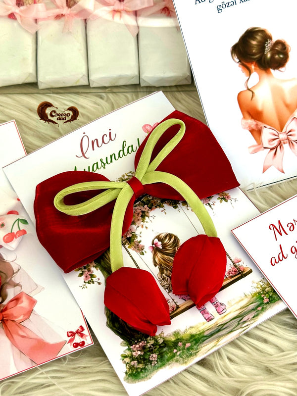 Girl on a Swing 1st Birthday Favor Cards with Red Bow & Tulip Hair Clip — Chocodad Baku