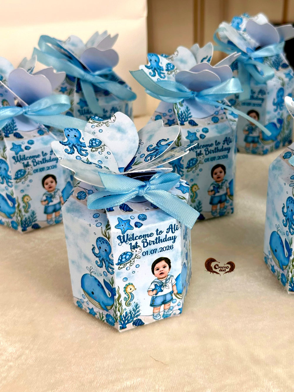 Ocean Octopus 1st Birthday Favor Boxes with Your Baby's Photo & Chocolate — Chocodad Baku