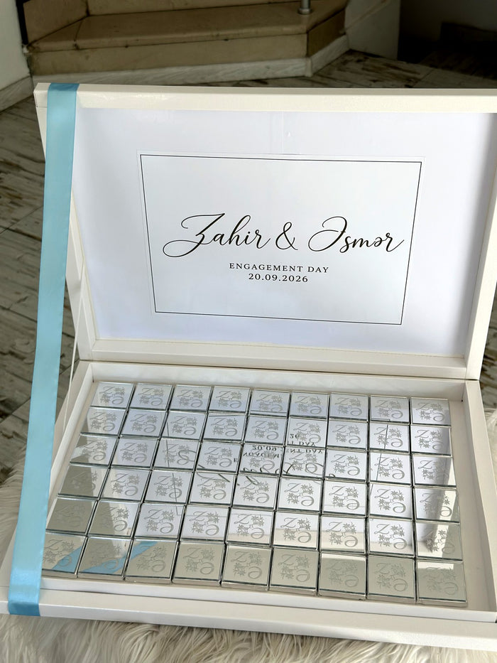 Nişan günü şokolad qutusu – lazerli adlarla 50 ədəd şokolad və qutu daxil