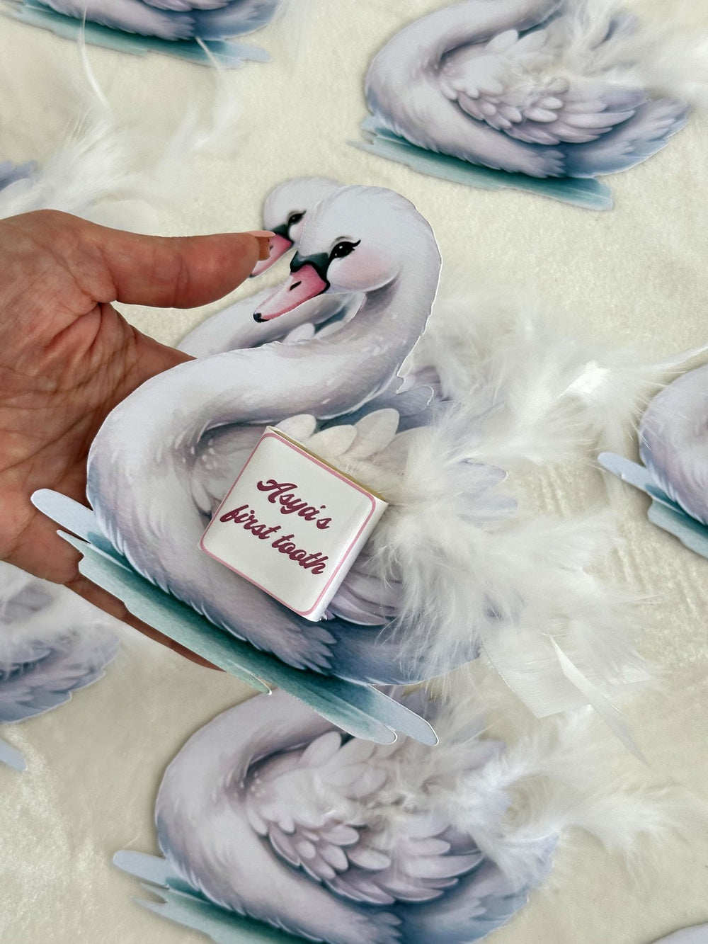 White Swan First Tooth Favor Cards with Feathers & Chocolate — Chocodad Baku