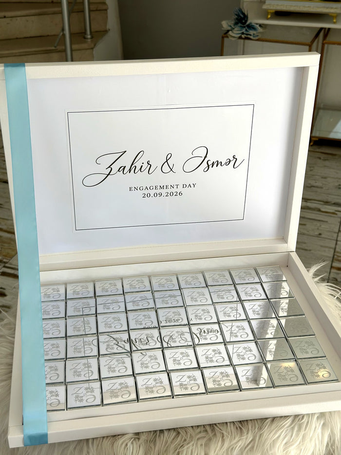 Nişan günü şokolad qutusu – lazerli adlarla 50 ədəd şokolad və qutu daxil