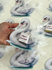 White Swan First Tooth Favor Cards with Feathers & Chocolate — Chocodad Baku