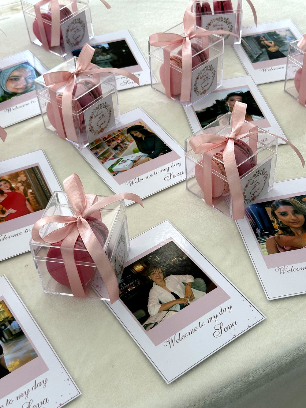 Polaroid Photo Welcome Cards with Macaron Acrylic Cube & Pink Ribbon — Chocodad Baku