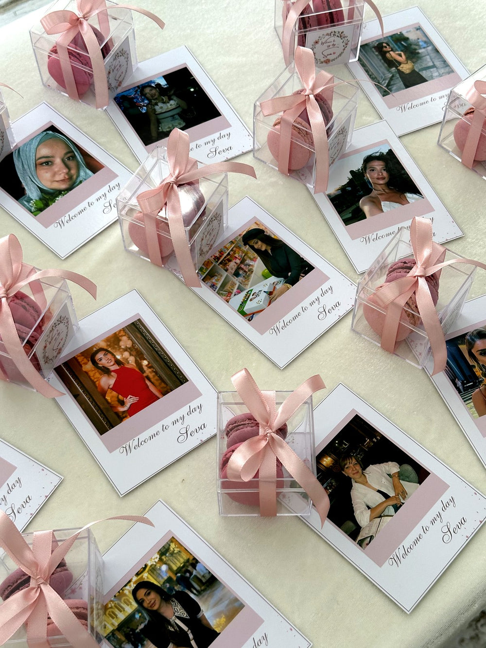 Polaroid Photo Welcome Cards with Macaron Acrylic Cube & Pink Ribbon — Chocodad Baku