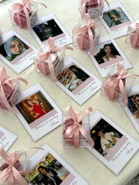 Polaroid Photo Welcome Cards with Macaron Acrylic Cube & Pink Ribbon — Chocodad Baku