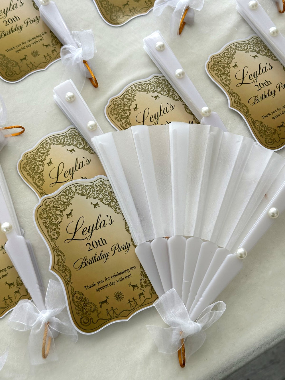 Gold Vintage Frame Birthday Party Cards with White Pearl Hand Fan — Chocodad Baku
