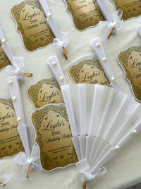 Gold Vintage Frame Birthday Party Cards with White Pearl Hand Fan — Chocodad Baku