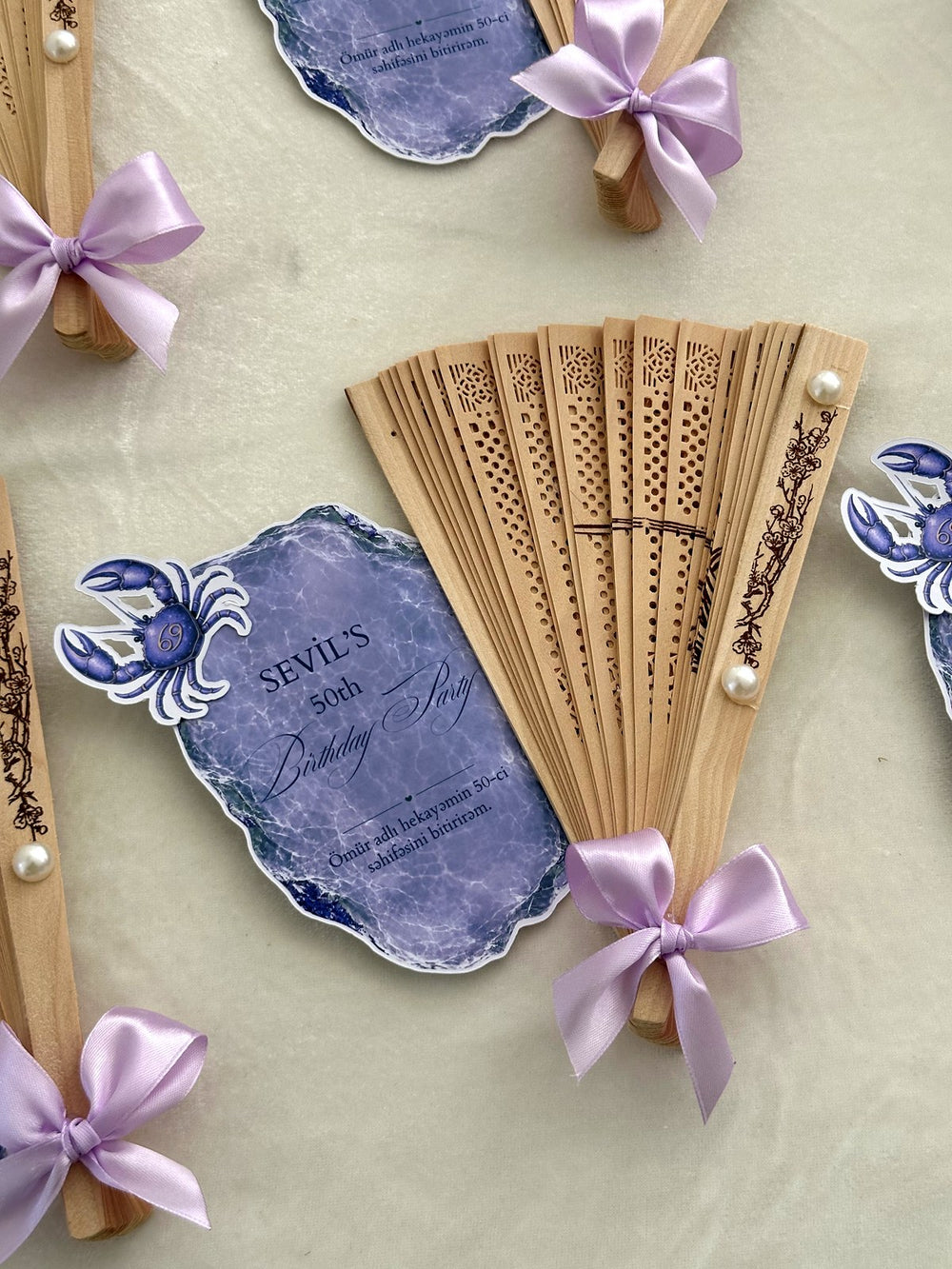 Lilac Crab Birthday Party Cards with Wooden Hand Fan — Chocodad Baku